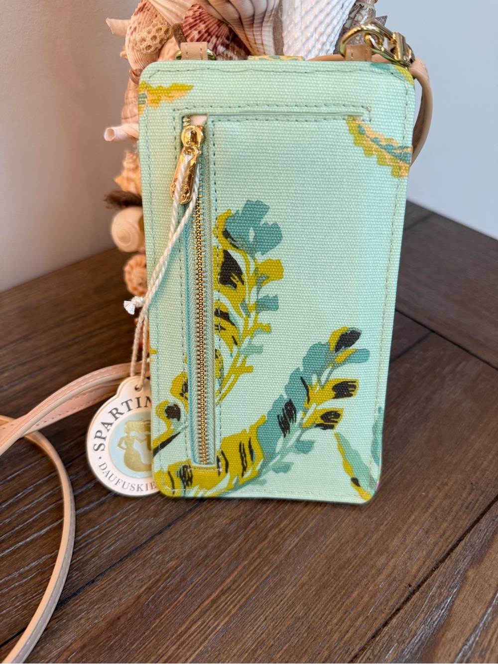 Spartina 449 Lilly Phone Crossbody Queenie Floral Sea Foam Wallet with Tan Strap - Picture 2 of 4